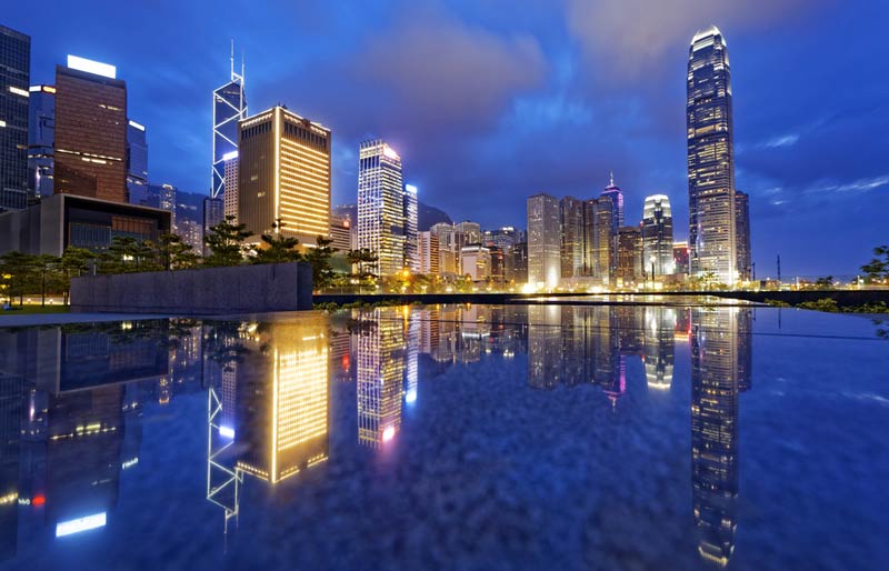 An evening photo of the Hong Kong Skyline